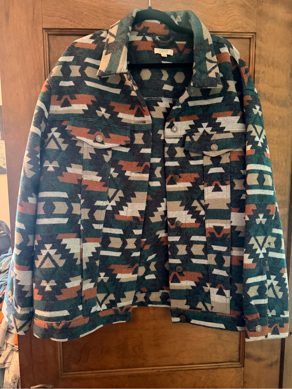 ODDY Geometric Patterned Jean Jacket in Green, Rust & Cream